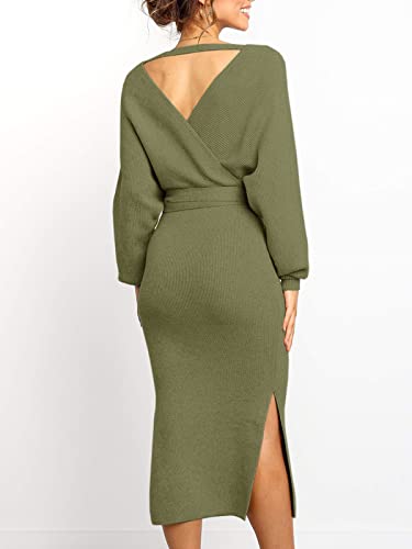 Image of Chang Yun Women's Long Maxi Sweater Dresses Sexy Wrap Batwing V Neck Slit Open Back Holiday Bodycon Dress with Belt