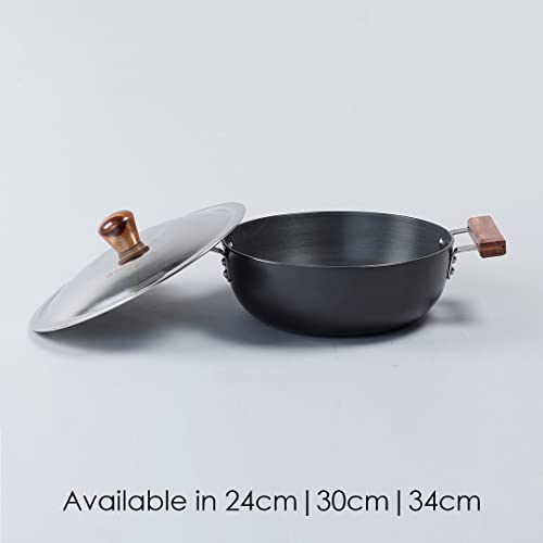 Image of Wonderchef Ebony Aluminium Hard Anodized Deep Kadhai /Kadai with Lid - 24 cm, 3 Litre | Ideal for Sauteeing Veggies, Dal and Curries | Black