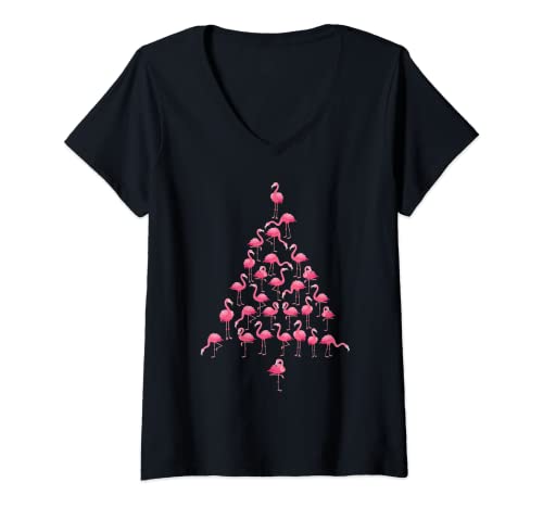 Mujer Funny Flamingo Christmas Tree Ornithologist Xmas Women Men Camiseta Cuello V