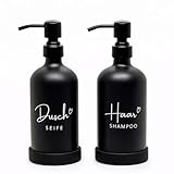 BoBoU Seifenspender Glas 2er Set Schwarz 500 ml Duschseife & Haarshampoo mit Deutscher Handschrift-Beschriftung und Herzlogo, Edelstahl Pumpkopf, schwarzem Silikon-Schutzring, nachfüllbar, Bad