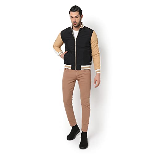 Image of Campus Sutra Men's Tan & Black Colour-Blocked Puffer Regular Fit Bomber Jacket For Winter Wear | Low-Cut Standing Collar | Full Sleeve | Zipper | Casual Jacket For Man | Western Stylish Jacket For Men