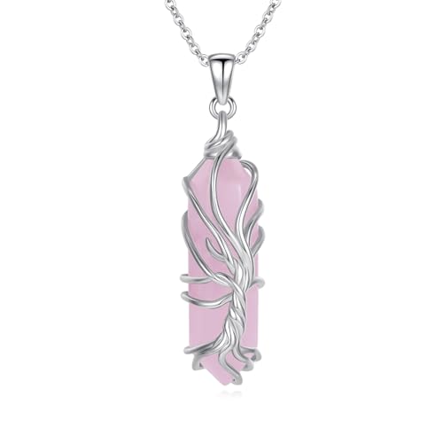 Healing Crystal Necklace for Women 925 Sterling Silver Tree of Life Rose Quartz Pendant Pink Crystal Necklace Jewelry Gifts for Women