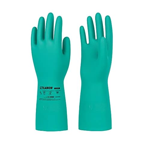 LANON 3 Pairs Nitrile Chemical Resistant Gloves, Reusable Heavy Duty Safety Work Gloves, Acid, Alkali and Oil Protection, Non-Slip, Large Cover