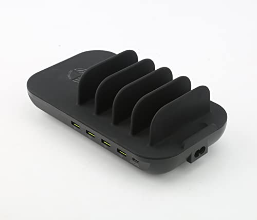 Naxa NAP-5002 6-in-1 Wireless Charging Station with Qi 10W Wireless, USB-A, and USB-C for Phones and Electronics, Black