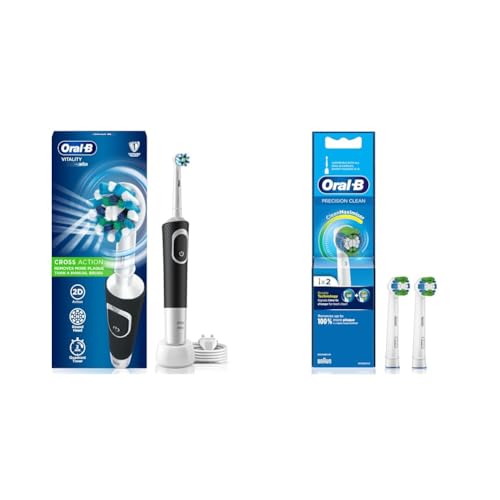 Oral-B Vitality 100 Black Criss Cross Electric Rechargeable Adult Toothbrush & Original Precision Clean Electric Toothbrush Soft Replacement Brush For Vitalty,Pro,Smart Series, 2 Refills