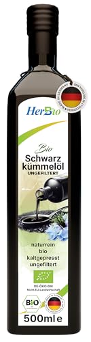 HerbBio - Aceite de comino negro orgánico prensado en frío, sin filtrar, 500 ml, alto contenido de THYMOCHINON, 100% natural, aceite de semilla negra, de Nigella Sativa egipcia, recién hecho