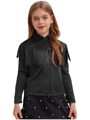 Girls Vintage Cowgirl Shirt Faux Suede Long Sleeve Button Down Fringe Jacket Top