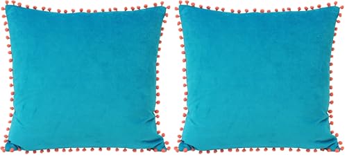 Image of Paoletti Riva Velvet Pompom Cushion Cover - Teal Blue - Faux Velvet Fabric - Contrasting Coral Orange Pompom Edges - Hidden Zip Closure - 100% Soft Cotton - 45 x 45cm (18" x 18" inches) (Pack of 2)