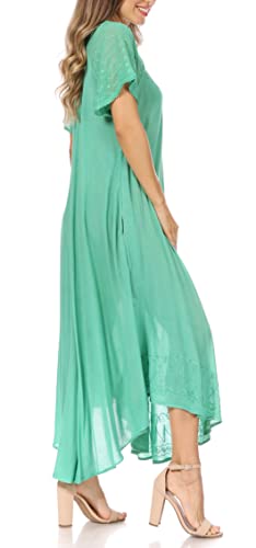 Image of Sakkas Egan Long Embroidered Caftan Dress /Cover Up with Embroidered Cap Sleeves