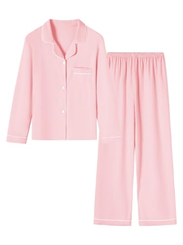 Umeyda Women's Pajama Sets Long Sleeve Button Down Sleepwear Nightwear Soft Pjs Lounge Sets, Pink, Medium