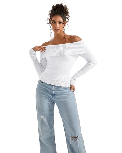 Image of SUUKSESS Women Off Shoulder Sweaters Long Sleeve Ribbed Knit Going Out Fall Tops Blouse