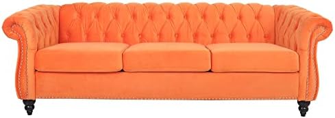 RARZOE Chesterfield Classic Sofa, Mordern 3 Seater Velvet Sofa Couch, Tufted Back Chesterfield Settee Sofas with Nailhead Trim Scroll Arms for Living Room Apartment(Orange)