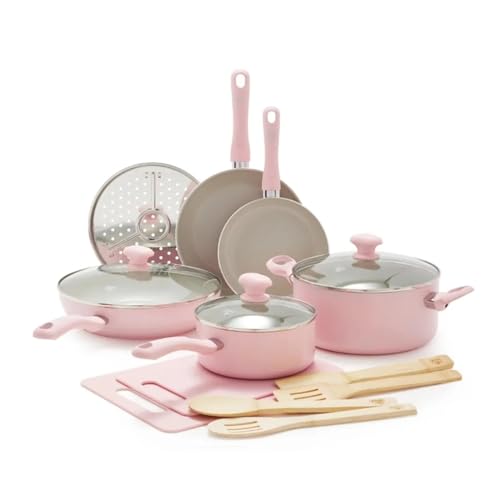 SYGZMY El Cookware Determinado del Rosa 15pc Antiadherente de cerámica Fija la Capa Antiadherente de cerámica de los potes y de Las cacerolas