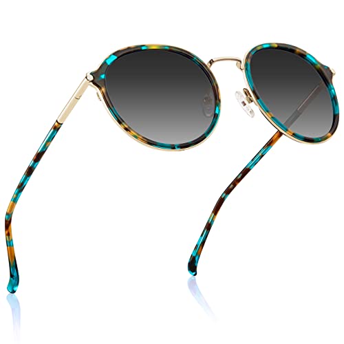 CARFIA Retro Acetate Polarized Sunglasses for Women UV Protection, Fashion Metal Brow Ladies Shades Eyewears Round Sunnies