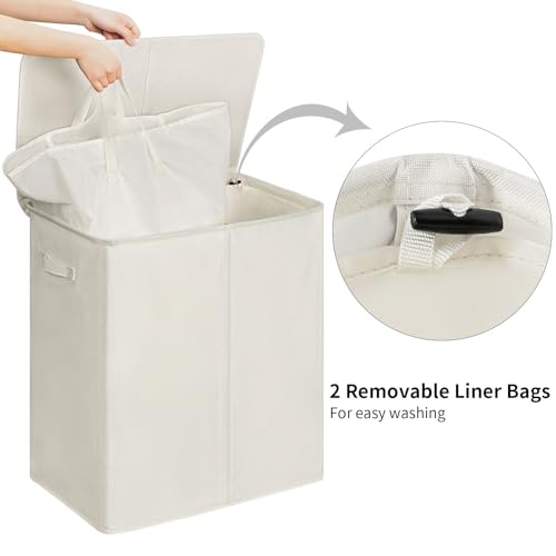 Image of WOWLIVE 140L Double Laundry Hamper with Lid and Removable Laundry Bags, Large Dirty Clothes Hamper 2 section Collapsible Laundry Basket Dorm Room Storage for Bedroom, Bathroom, College,Beige