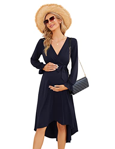 KOJOOIN Damen Elegant Umstandskleid Lange Stillkleid V-Ausschnitt Langarm Schwangerschaftskleid mit Gürtel DunKelblau(Langarm) L
