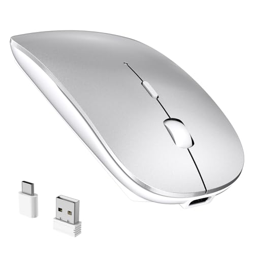 RaceGT Ratón Inalámbrico Recargable USB C+USB A, Ratón Ergonómico Inalámbrico Silencioso, 2.4G Ultra Delgado con 2 Receptores para PC, Mac, MacBook Air/Pro, iPad