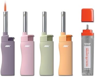 MK Lighter 4PCS Candle Lighters with 1PC Premium Butane Set, Windproof Flame, Ideal as Lighter for Candle, BBQ, Random Colors (Pastel-4PC+1Butane)