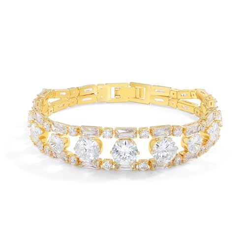 Elfgrass 14K Gold Plated Women’s Tennis Bracelet – Sleek CZ Line Bracelet, Fits 6.0'–7.2' Wrist – Sparkly Everyday Jewelry Gift, Contemporary Tennis Bracelets for Women (HaloCurve)