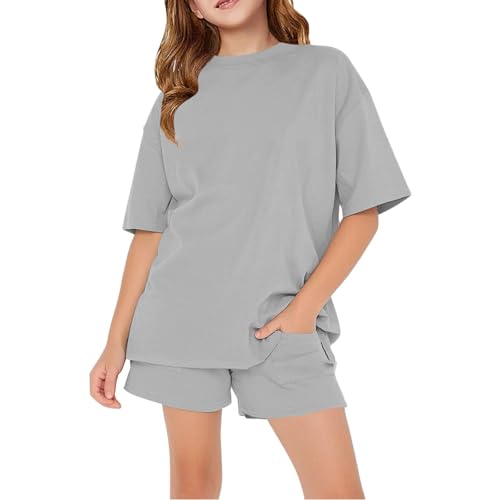 Girls Cute Sweatsuit 2 Piece Short Sleeve Oversized T Shirt Tops and Shorts Tracksuit Pocketed Activewear Workout Sets Summer
