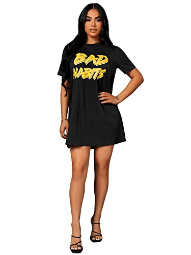 Sweatyrocks Women's Letter Graphic Short Sleeve Round Neck Tee Shirt Dress Summer Casual Dresses Black M #TOP4