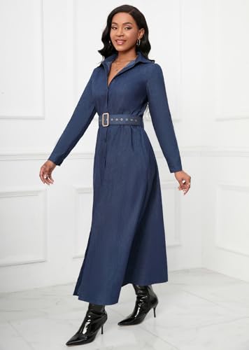 Denim Maxi Shirt Dress for Women Long Sleeve Button Down Belted Casual Dress Prom Dress with Pockets3