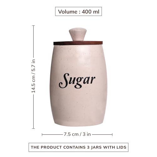 Image of Ceramic Tea Coffee Sugar Containers Set of 3 with Wooden Lids | Jar and Container for Kitchen Storage Set | Multi Utility Air Tight Kitchen Organizer Items (Hand-Painted, 400 ML)
