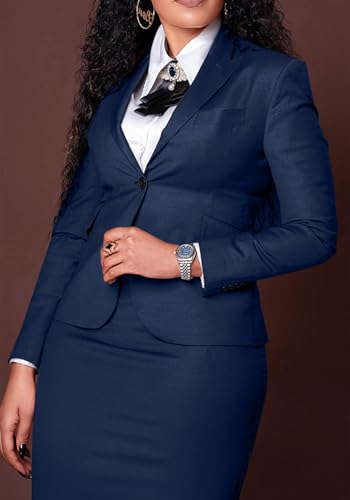 Tcremisa Women\'s Fashion 2 Piece Professional Suit Business Outfits Casual Long Sleeve Blazer and Pencil Skirt Set Navy