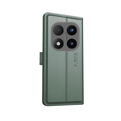 Image of AIBEX Compatible for Redmi Note 14 Pro Plus 5G Flip Cover Leather Finish with Magnatic Closure | Inside TPU with Card Pockets | Wallet Stand | Complete Protection Flip Case -Green