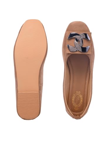 Image of Women's Suede Ballet Flats with Decorative Buckle - Slip-On Casual Bellies