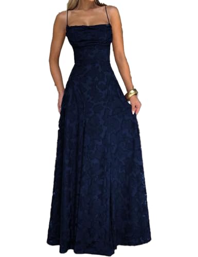 Robe de bal à lacets à bretelles spaghetti, robe de soirée formelle sans manches à lacets dans le dos, robes de soirée pour femmes, bleu marine, M