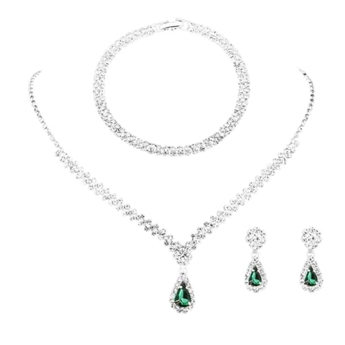 FDEETY Schmuckset Strass Halskette Armband Ohrringe Sets Prom Kostüm Schmuck Set Braut Hochzeit Party für Frauen und Mädchen(Grün)