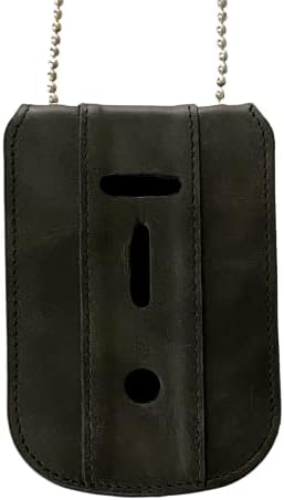 Law Enforcement Badge Holder Black Neck Chain & ID Holder Full Grain Leather with Hidden Inside Card Slot