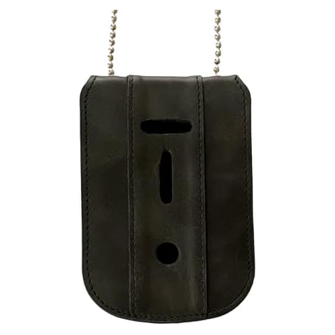 Law Enforcement Badge Holder Black Neck Chain & ID Holder Full Grain Leather with Hidden Inside Card Slot Cover