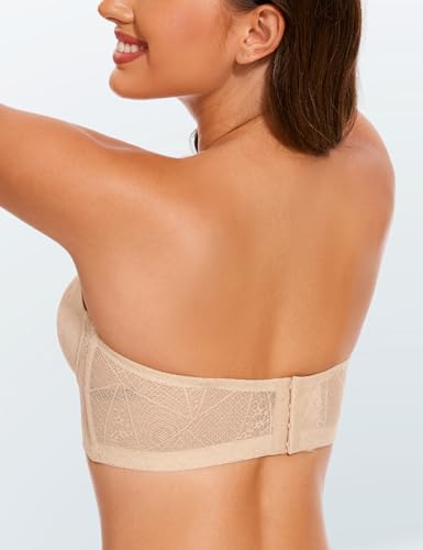 Upushall Longline Strapless Push Up Bras for Women Ultra Padded Uplift Multiway Lace Corset Bra with Underwire Support Nude 40B