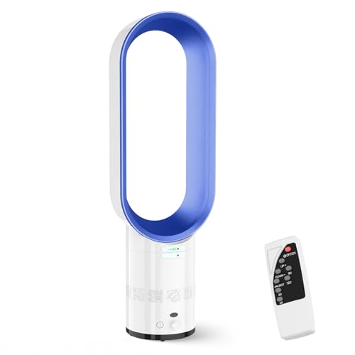 Bladeless Tower Fan with Air Purifier, 23.6 Quiet Tower Fan for Bedroom, 80° Oscillating 8 Speeds 9H Timer, Silent Standing Portable Circulator ,Bladeless Fans for Bedroom (blue-Stepless speed)