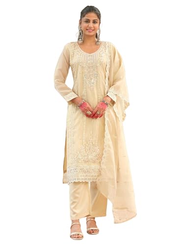 Image of INDO ERA Women's Silk Blend Floral Embroidered Straight Kurta & Pant With Dupatta Set (IEOUT12442)