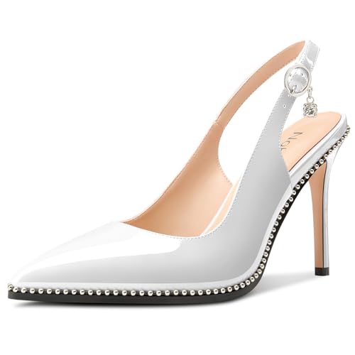 Image of NobleOnly Slingback Beaded Pumps for Women High Stiletto Heel Pointed Toe Slip-on Dress Sandals Adjustable Buckle Rhinestone Patent Leather 3.9 Inches Heels