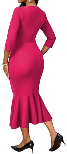 Image of Elegant Dress for Women Sexy V Neck Long Sleeve Bodycon Midi Fishtail Dresses