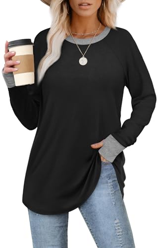 Image of XIEERDUO Womens Tunic Tops to Wear with Leggings Long Sleeve Thumb Hole Shirts Crew Neck Curved Hem