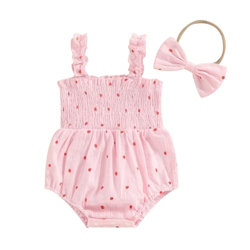 Covvoliy Infant Baby Girl Summer Outfit Clothes Sleeveless Smocked Cotton Linen Romper with Headband (Strawberry Pink, 0-3 Months)