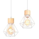 TOKIUS 2 Piezas Lámparas Colgantes Vintage 16CM Retro Lámpara de Techo Diseño de Jaula Blanco Luz Colgante en Hierro Madera E27 Iluminación de Techo para Pasillo Comedor Dormitorio (Colgante 1 Luz)