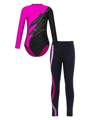 TiaoBug Leotardo de Gimnasia Rítmica para Niñas Leggings Pantalones larga de Deportivos Body de Ballet Clásica Ropa lentejuelas de Baile Rosa 7-8 años