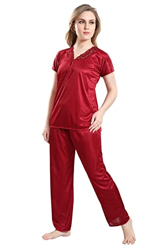 Fabme Women's Satin Nightdress (NW0200_Maroon_Free Size), Maroon, Free Size