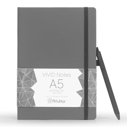Image of Kitabby VIVID Notes A5 Hard Bound Notebook with Pen - Grey | Elastic Band & Pen Loop, 192 Pages, 80gsm Natural Shade Paper, Polymer Coated Paper Cover
