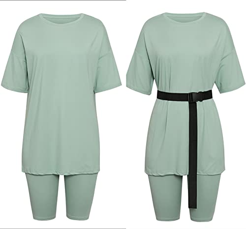 Glamaker Women 2 Piece Outfit Sets Casual Oversized T-Shirt Tops Biker Shorts Workout Sport S Tracksuit Light Green Large #TOP4