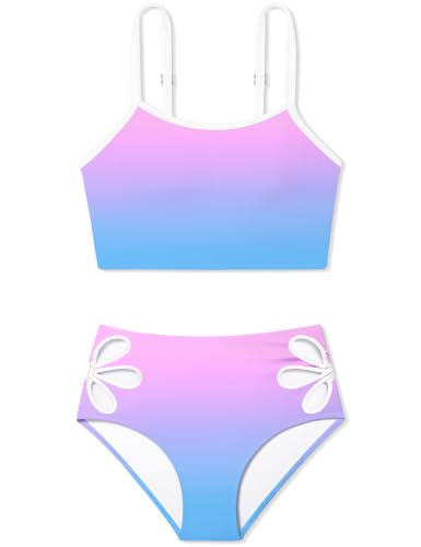 Image of Girls Tankini Swimsuit 2 Piece Bathing Suit Twist Cross Back Cutout Swim Tank Top Floral Print Swimwear for 7-18Y