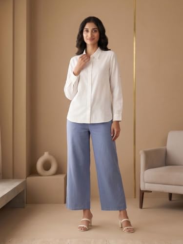 Image of SAADAA Women's Relaxed Fit Mid Rise Airy Linen Wide Leg Pants, High Waist Trousers for Formal, Casual & Office Wear