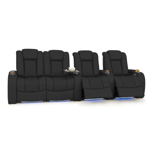 Image of Seatcraft Virtuoso LT Black Italian Leather Home Theater Seating, Zero Gravity Power Recliner, Heat and Massage, Powered Headrest and Lumbar Gaming and Home Office Chair, Row of 4 Left Loveseat