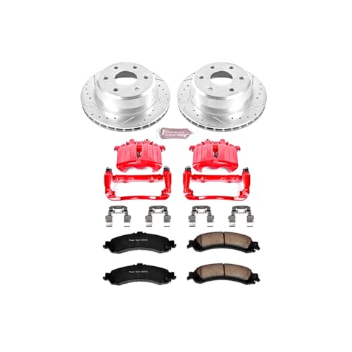 Image of PowerStop Rear Brake Kit for Cadillac Escalade 2002-06 |Escalade ESV 2003-06 |Escalade EXT 2002-06 - Carbon-Fiber Ceramic Brake Pads + Drilled & Slotted Rotors + Red Powder Coated Calipers, KC2046